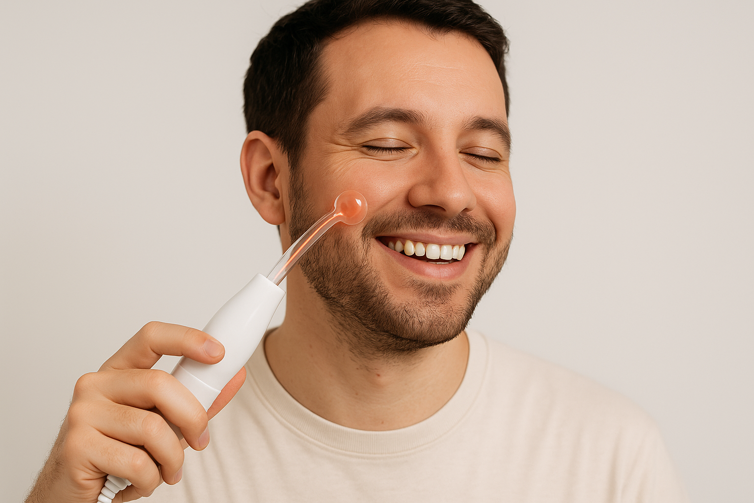 man smiling while using high frequency wand on face