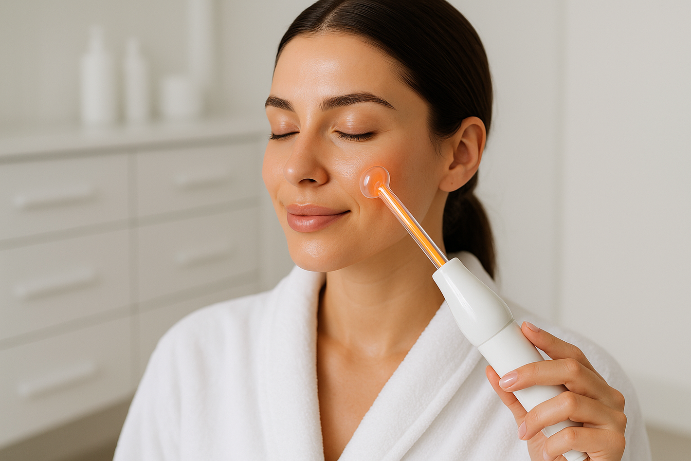 woman using high freguency wand on face