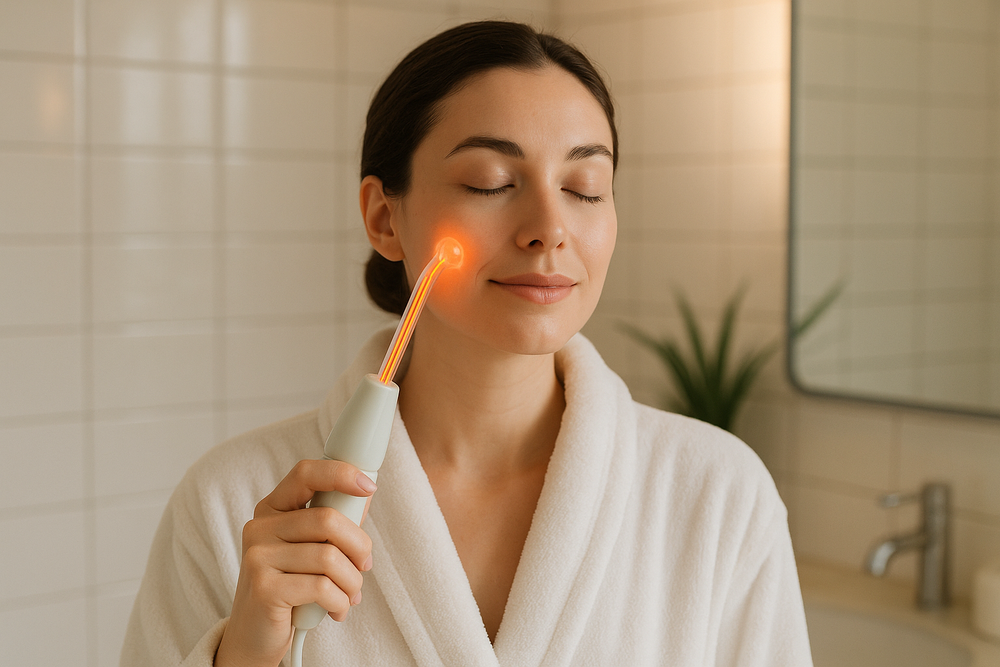 woman using orange gas high frequency wand on her face in a bathroom setting looking serene